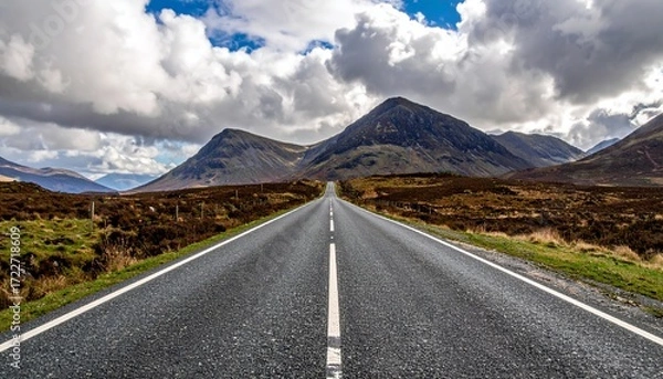 Fototapeta Open road leading to distant mountains under a partly cloudy sky