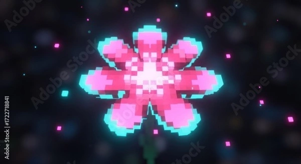 Obraz A vibrant, pixelated flower with pink and blue hues, set against a dark, starry background.