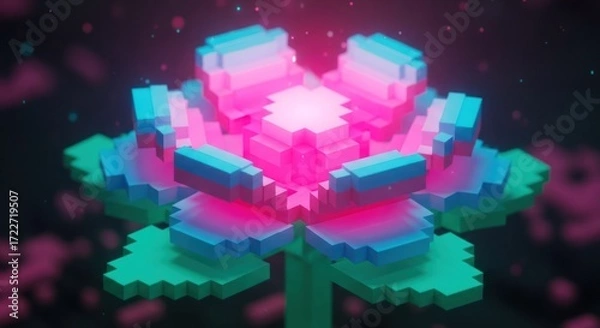 Obraz A vibrant, pixelated flower with pink and blue hues, surrounded by floating particles and a dark, blurred background.