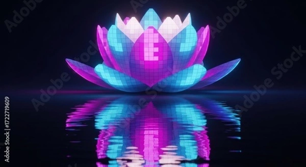 Obraz A vibrant, futuristic lotus flower with neon blue and purple hues, reflecting on a dark surface.