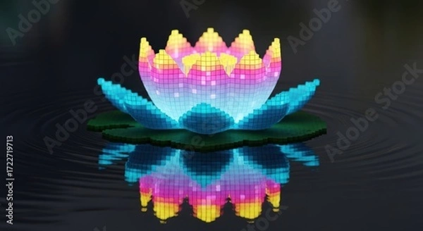 Obraz A colorful pixelated lotus flower floating on water with a dark background.
