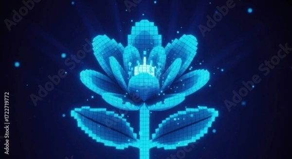 Obraz A blue and white pixelated flower with a castle in the center, emitting light and surrounded by a dark blue background.