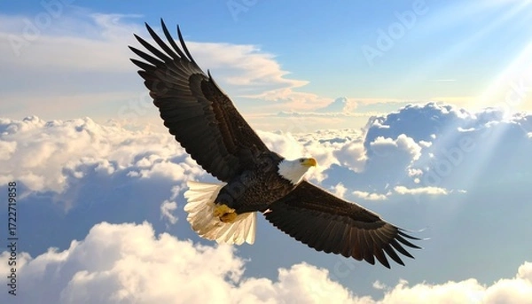 Fototapeta Majestic eagle soaring above fluffy clouds