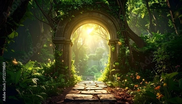 Fototapeta Ancient archway leading into a lush, sunlit forest