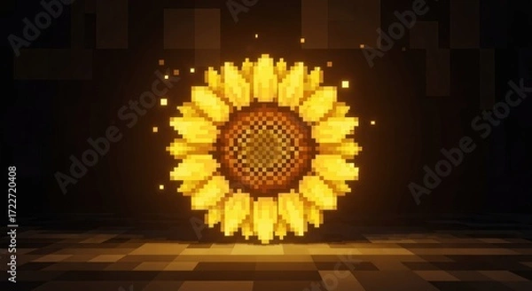 Obraz Pixelated sunflower with glowing yellow petals against a dark background.