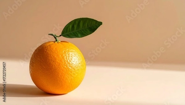 Obraz A single, vibrant orange with a fresh green leaf casts shadows on a neutral backdrop.