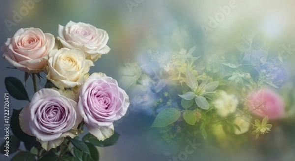 Obraz Bouquet of pink and white roses with a blurred background.