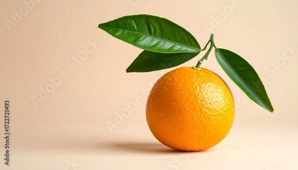 Obraz A single, vibrant orange with fresh green leaves rests on a light, neutral background.