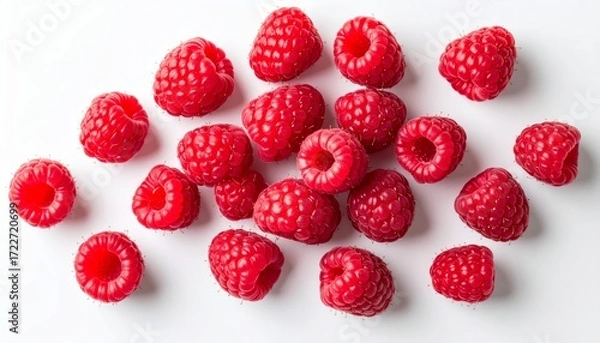 Obraz A vibrant collection of fresh, red raspberries is scattered on a clean, white surface.