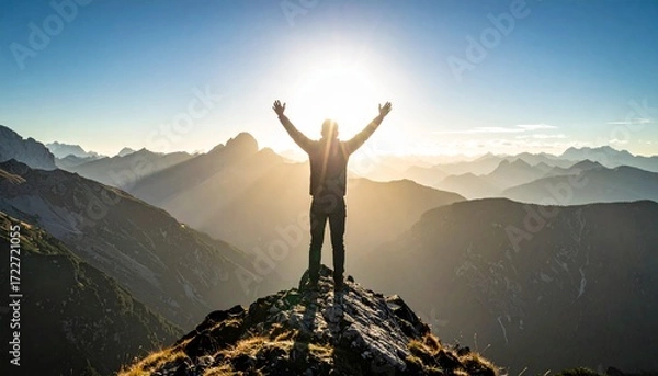 Fototapeta A silhouette of a man on a mountain peak, arms raised in triumph, sunrise view
