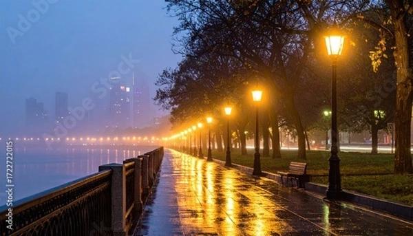 Fototapeta Misty, wet park path at night. City skyline in the background