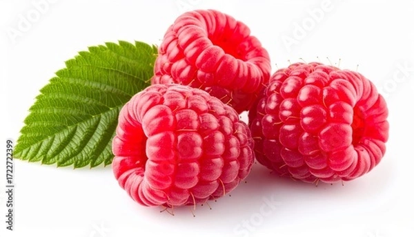 Obraz Three ripe raspberries with a vibrant green leaf sit against a clean white backdrop.