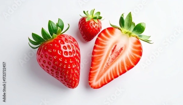 Obraz Three vibrant strawberries, including a halved one, presented on a clean white surface.
