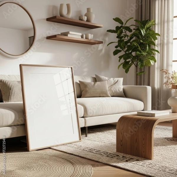 Obraz Mockup poster frame in modern Scandinavian living room interior with beige sofa, wooden coffee table, neutral decor and natural light