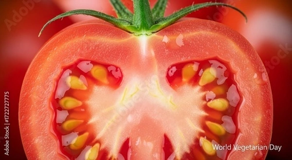 Fototapeta Close-up of a vibrant, juicy tomato cut in half showing its internal structure