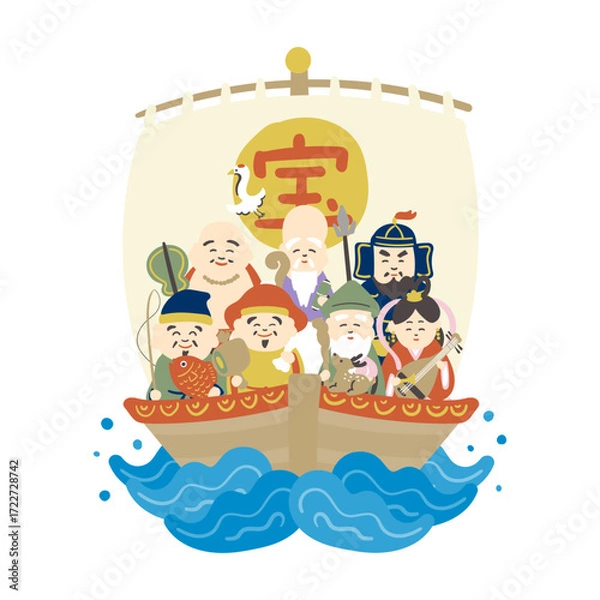 Obraz 宝船に乗った七福神イラスト