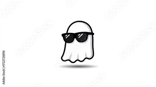 Fototapeta A minimalist illustration of a cartoon ghost wearing sunglasses, set against a plain white background.  A subtle drop shadow is beneath