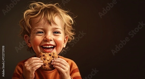 Fototapeta Happy child enjoys chocolate cookie, such a happy moment filled with pure joy