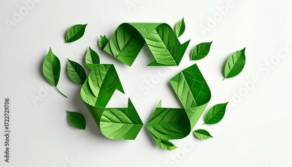 Fototapeta Green recycle symbol made of folded paper with leaf texture, surrounded by green leaves on a light background, creating an eco-friendly concept
