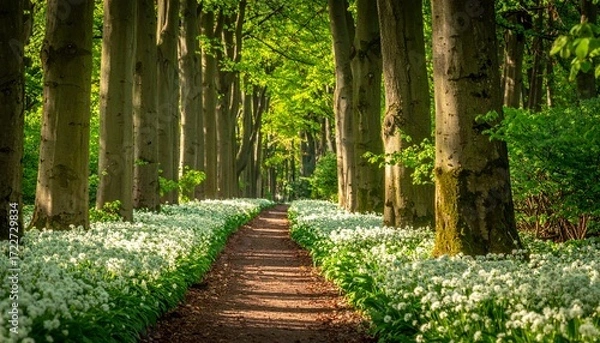 Fototapeta Scenic path through a forest lined with blooming white flowers, sunlight filtering through tall trees, creating a tranquil and inviting ambiance