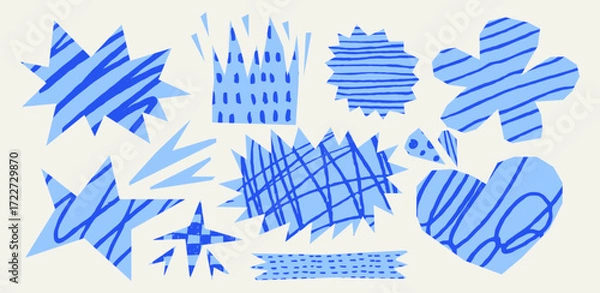 Fototapeta Blue collage cutouts with crayon scribbles. Playful doodle stars, hearts, abstract paper shapes with torn edges and hand drawn doodle pencil patterns for kids scrapbooking.