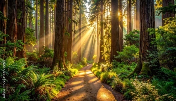 Fototapeta A dirt path winds through a sun-drenched forest, tall trees towering over lush greenery. Rays of light filter through the dense canopy