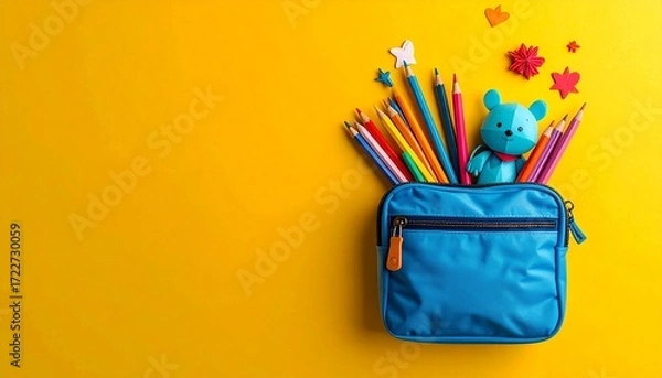 Fototapeta School essentials blue pencil case filled with vibrant pencils and a toy bear, adorned with felt shapes, against a sunny yellow backdrop