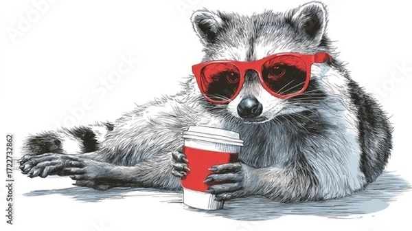 Fototapeta A relaxed raccoon, wearing red sunglasses, lounges while holding a disposable coffee cup.  The image is drawn in a detailed, sketchy style with grayscale fur and pops of red