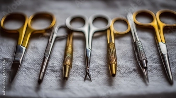Fototapeta Collection of Surgical Instruments on a White Textile Background