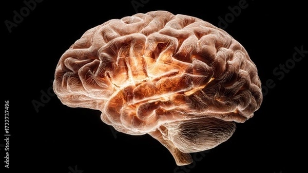 Fototapeta Detailed 3D Rendering of a Human Brain on Black Background