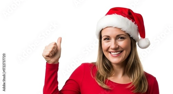 Fototapeta Smiling Woman in Santa Hat Pointing Thumb