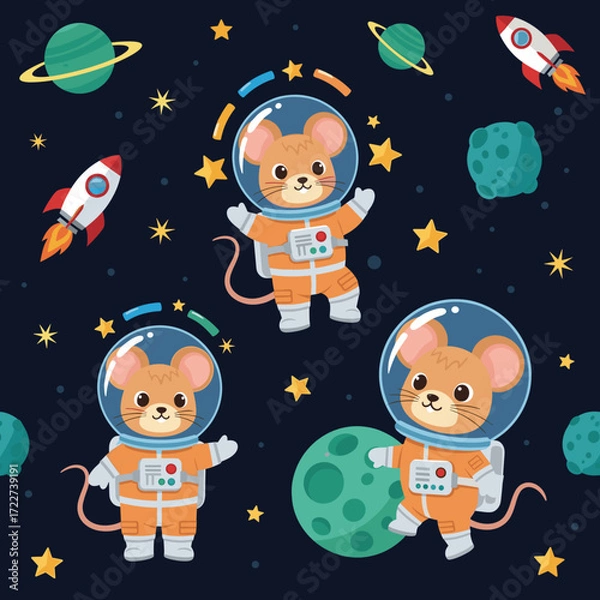 Fototapeta Cute astronaut mice exploring space among planets rockets and stars Perfect for kids themes