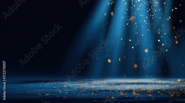 Fototapeta Dramatic blue spotlight shines on falling gold confetti in a dark abstract scene