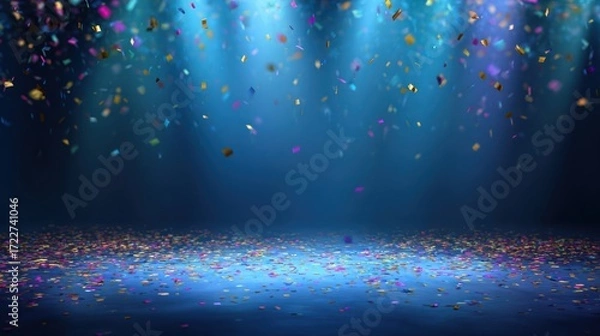 Fototapeta Vivid stage with confetti rain under spotlights, floor covered with colorful pieces