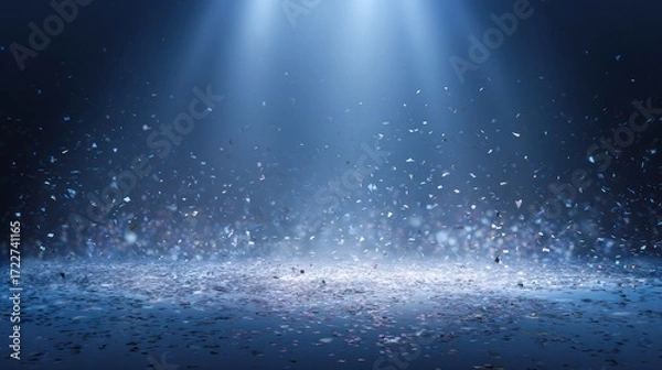 Fototapeta Spotlights illuminate a floor covered in scattered confetti against a dark blue background