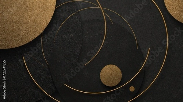 Fototapeta Abstract black surface with overlaid golden circles, some opaque, some outlines