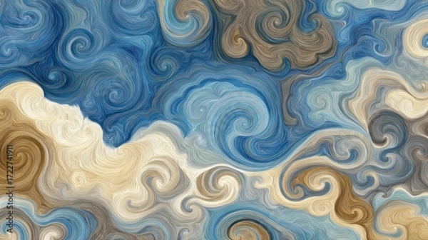 Fototapeta An abstract image featuring swirling patterns in shades of blue, brown, and beige, resembling fluid movement or a marbled texture. The colors blend seamlessly, creating a sense of depth and movement