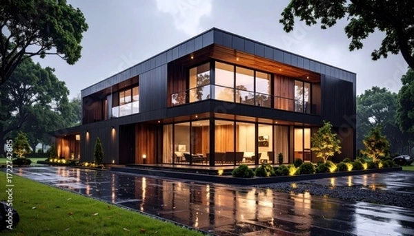 Fototapeta Modern House Exterior with Reflection with Rain, and Luxury Property.