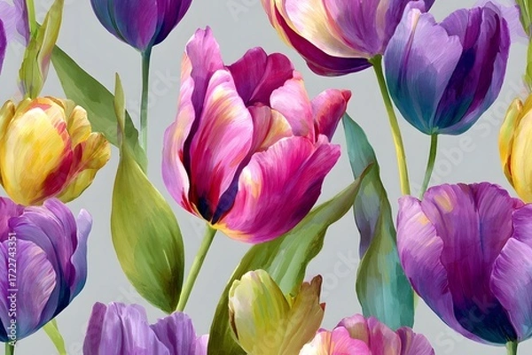 Fototapeta A seamless pattern of colorful tulips with pink purple and yellow flowers on a light gray background