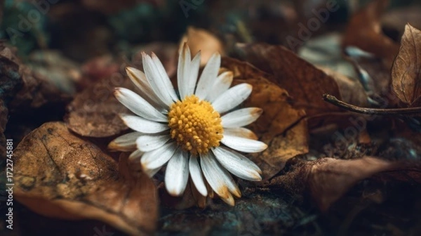 Fototapeta A single, slightly wilted daisy rests amongst a bed of fallen, brown leaves, creating a contrast of delicate white and earthy tones