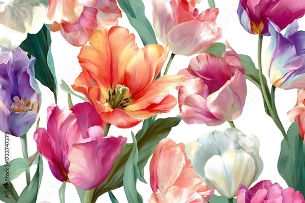 Fototapeta A colorful floral pattern featuring tulips in various shades of pink purple orange and white with green leaves