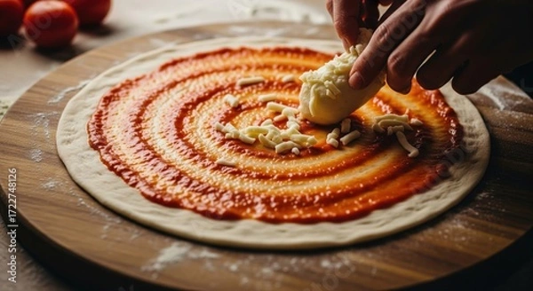 Fototapeta Pizza preparation, hands placing mozzarella onto a base of tomato sauce in concentric circles on a wooden board