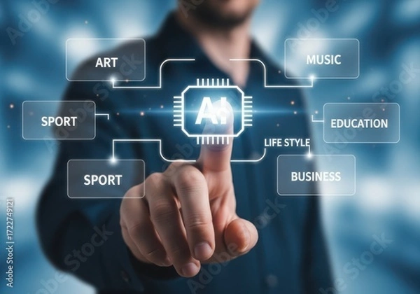 Fototapeta Man touching A I chip interface connecting to lifestyle categories artificial intelligence