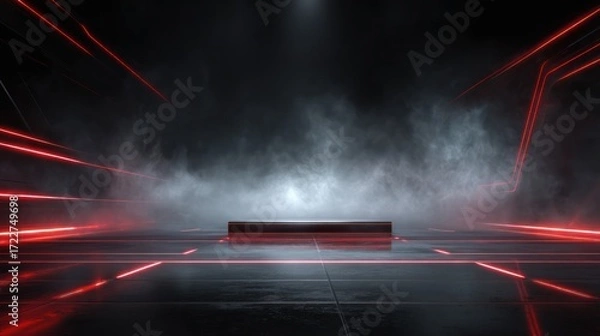 Fototapeta Dark, futuristic scene with a sleek, black platform bathed in red neon light and atmospheric fog