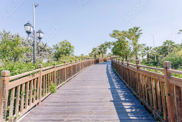 Fototapeta A scenic wooden walkway with railings curves through a lush, green park under a clear blue sky, flanked by palm trees and vintage-style street lamps.