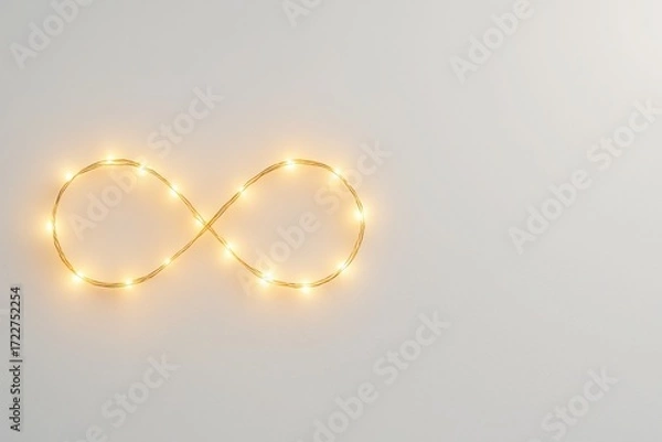 Fototapeta Glowing infinity symbol made of golden fairy lights on white background with soft light and clean space for text festive concept for New Year celebration marketing and business visuals