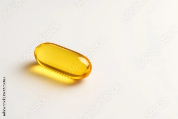 Fototapeta Golden vitamin capsule on clean white background with soft shadow and copy space health concept for pharmacy supplements and wellness marketing