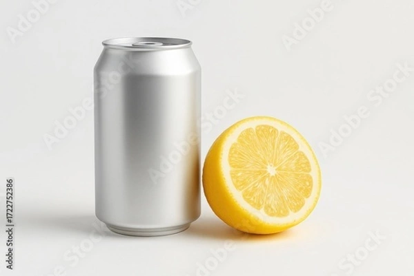 Fototapeta Silver aluminum can with fresh lemon half on white background with copy space minimal clean composition for beverage marketing and product design