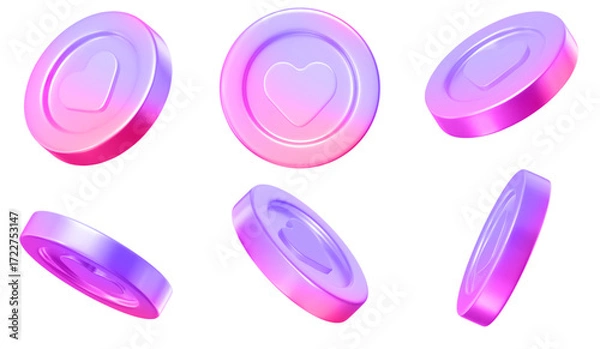 Fototapeta 3d set of neon coins with heart, different angles. Holographic symbol of love. Stock vector illustration on isolated background.