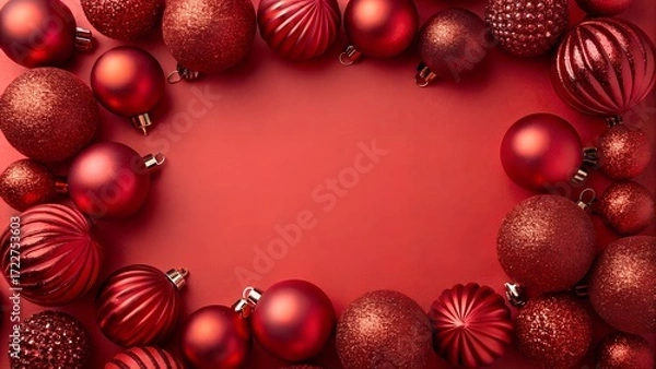 Fototapeta Red Christmas baubles decoration on red background with copy space. New Year greeting card. Minimal style. Flat lay.
